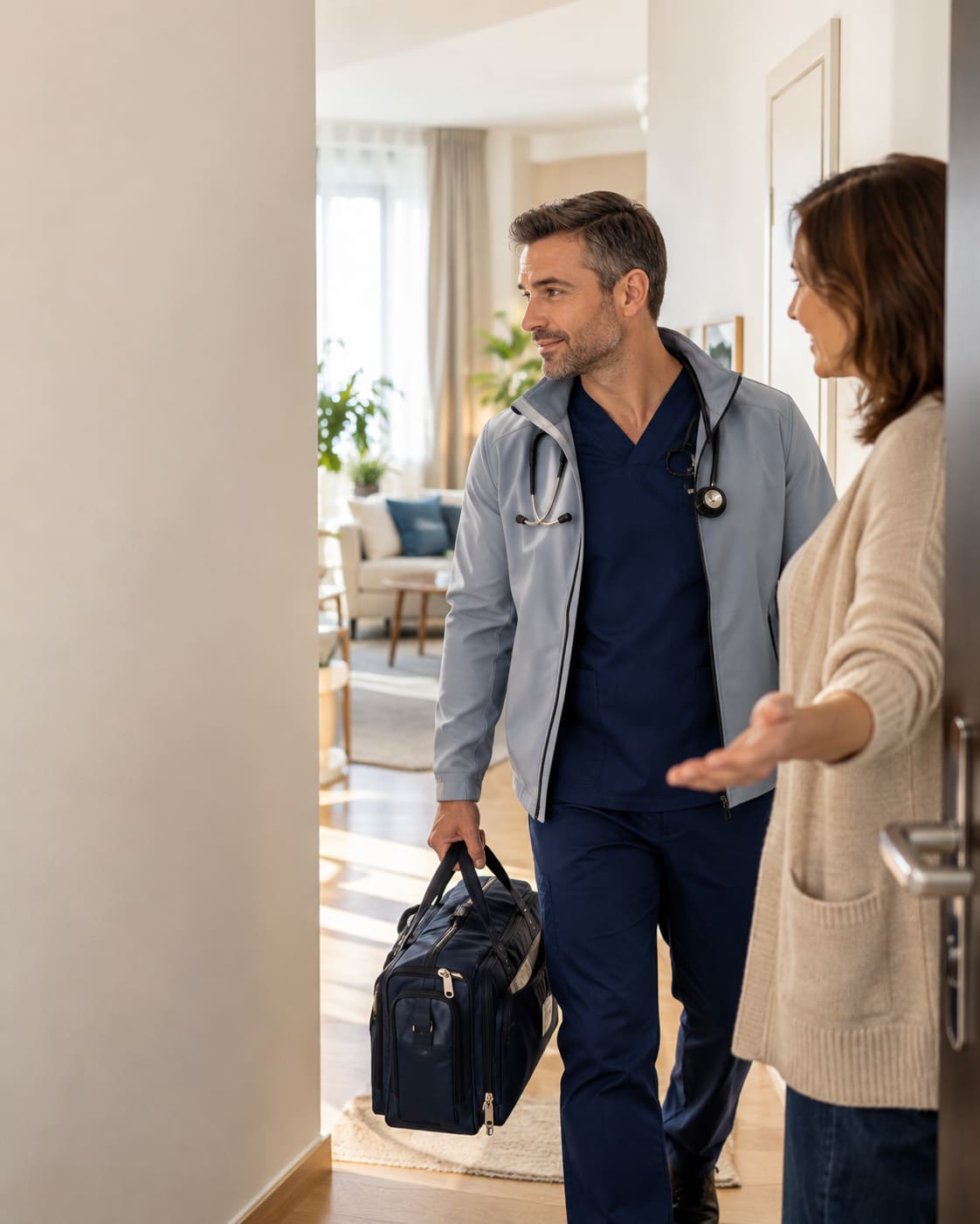 Medic MED24 întâmpinat la ușa unui apartament pentru o consultație la domiciliu