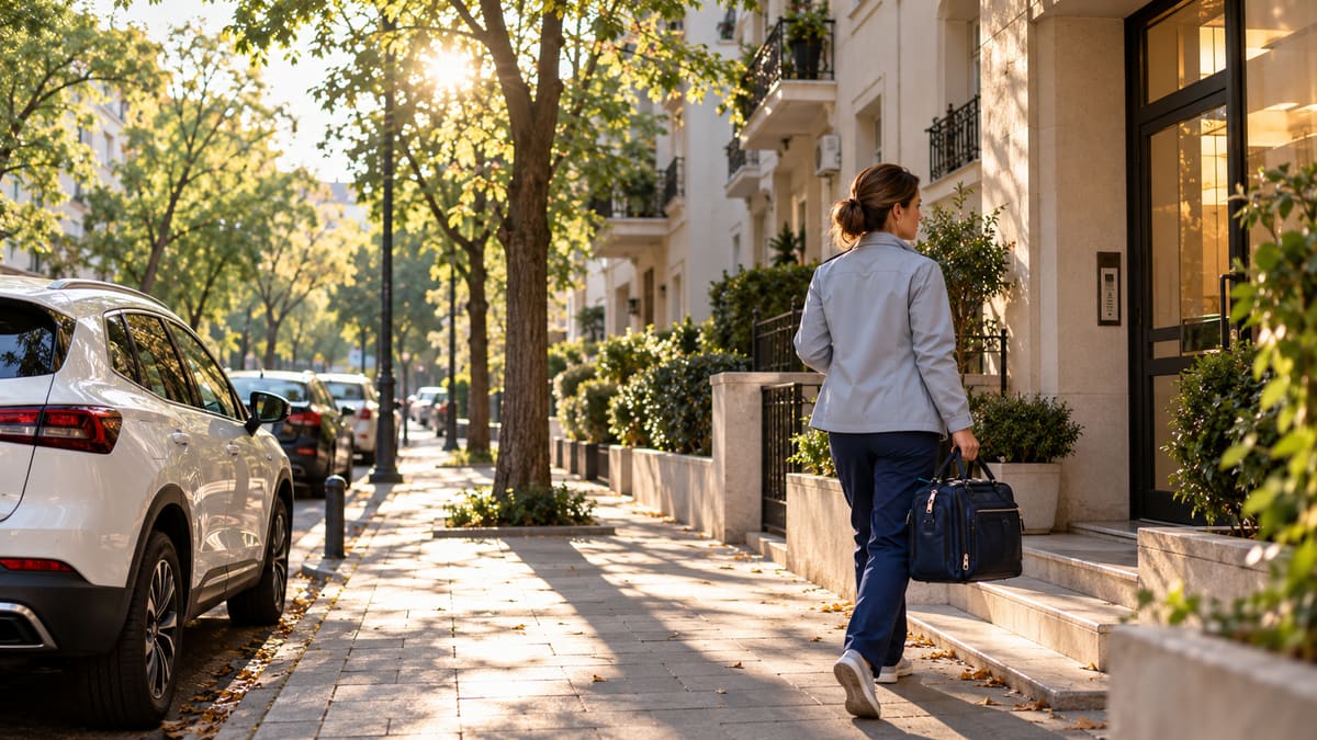 Asistentă MED24 mergând spre intrarea unui bloc de pe o stradă liniștită din București