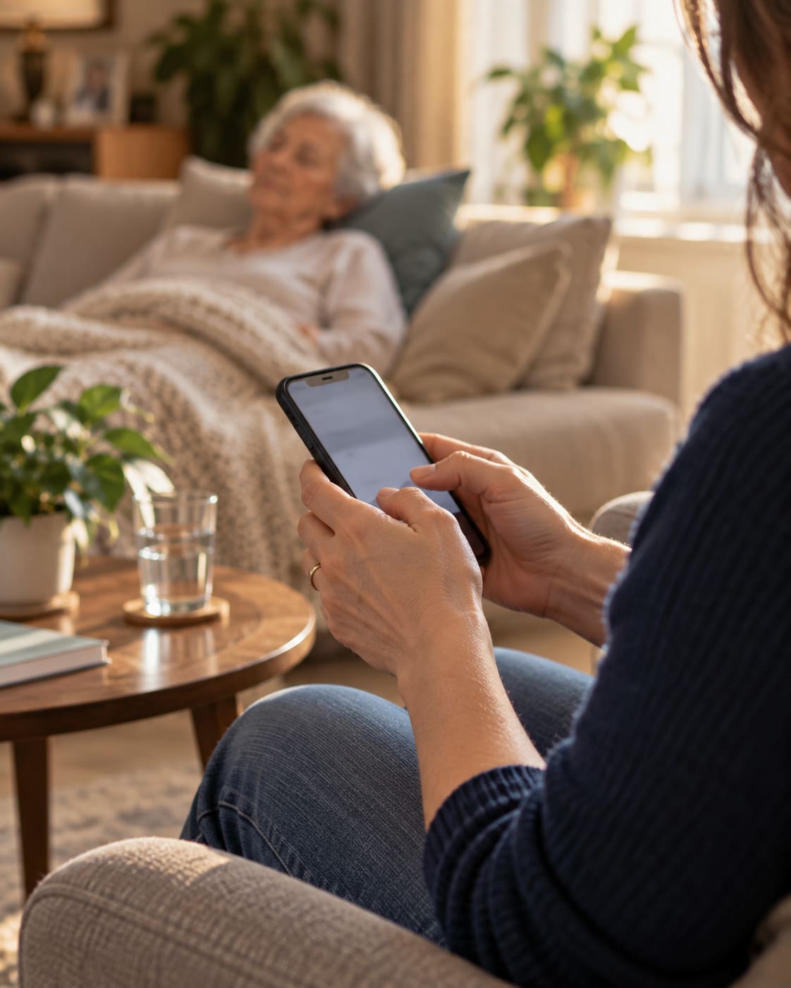 Femeie programând de pe telefon o vizită medicală pentru mama ei, care se odihnește pe canapea